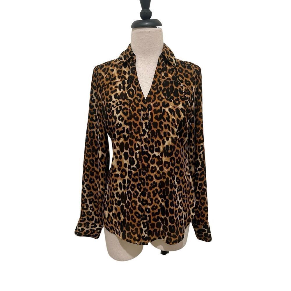 Express Womens Leopard Print Button Front Long Sleeve Blouse Tan Brown XS